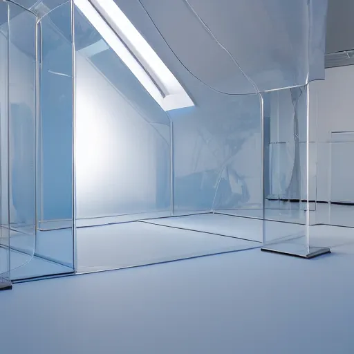 Image similar to an ultra high definition professional studio quality photograph of a transparent iridescent perspex pastel coloured sculpture made of inflatable parachute material in an empty white room. dramatic lighting, ray tracing, refraction, shallow d. o. f, colour corrected, golden ratio, three point light. volumetric shadows. god rays.