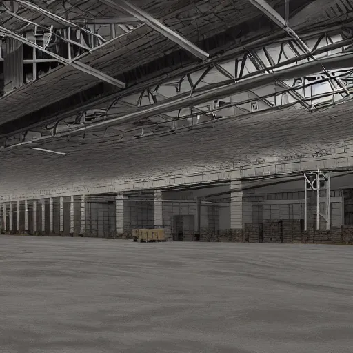 Image similar to government warehouse, matte painting, michael pangrazio