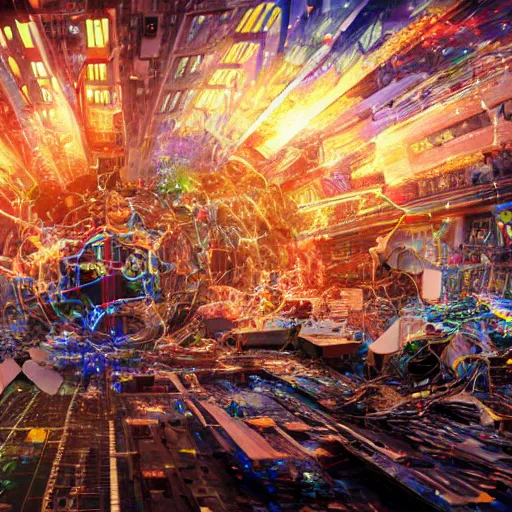 Image similar to diverse groups of humans destroying the supercomputers, breaking circuits, smashed, fire, smoke, from behind, rebirth, beauty, wide angle, elaborate, wet, highly detailed, colors, beautiful lighting