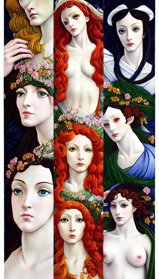 Prompt: 12 figures, representing the 4 seasons, (3 as Spring, 3 as Summer, 3 as Autumn, and 3 as Winter), in a mixed style of Botticelli and Æon Flux, inspired by pre-raphaelite paintings, shoujo manga, and cyberpunk, stunningly detailed, elaborate inking lines, pastel colors, 4K photorealistic