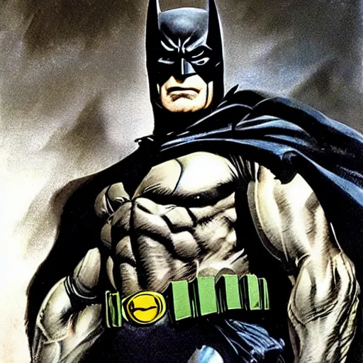 Prompt: frank frazetta the hulk as batman, 8 k, realistic, photo real, smooth, sharp, intricate detail, hyper detail, dramatic lighting, dramatic shading