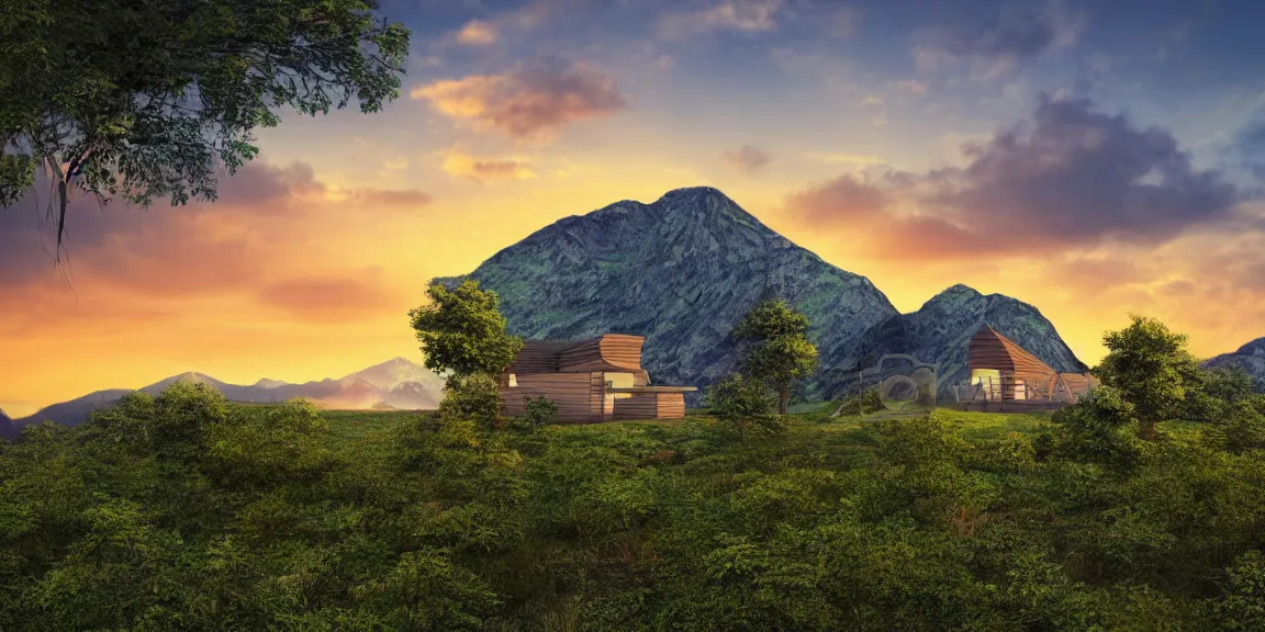 Image similar to a serene mountain landscape with a singular building near a lake at sunset anime style 8k low saturation high quality high detail cartoon