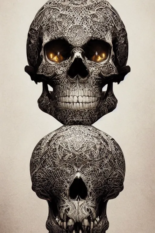 Image similar to concept art skull, the skull is decorated with art deco patterns, close - up portrait, powerfull, intricate, elegant, volumetric lighting, scenery, digital painting, highly detailed, artstation, sharp focus, illustration, concept art, ruan jia, steve mccurry