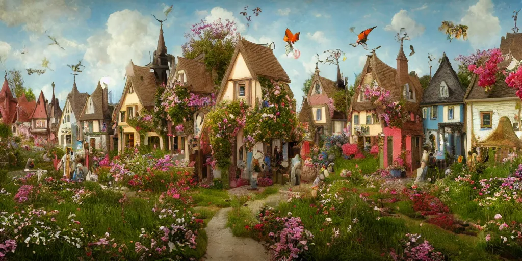 Prompt: a hiper intricate 3 d artwork of a beatifull little houses made from big flowers in the serene field, intricate, highly detailed, digital painting, artstation, concept art, extremely detailed, sharp focus, octane render wide view, smooth, digital illustration, colorfull, by wlop, by hieronimus bosch