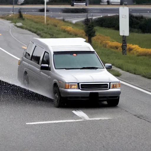 Prompt: photograph of donald trump hitting cars on the highway