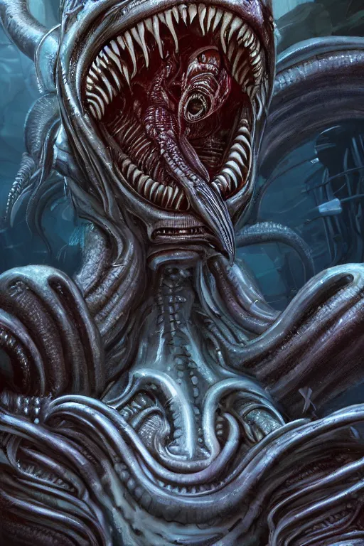 Image similar to underwater xenomorph alien mixed with sharks extra teeth, tentacles, emerging from labyrinth, highly detailed, digital painting, artstation, concept art, smooth, sharp focus, illustration, unreal engine 5, 8 k, art by david levy and carlos huante and ifbb pro fitness photograph