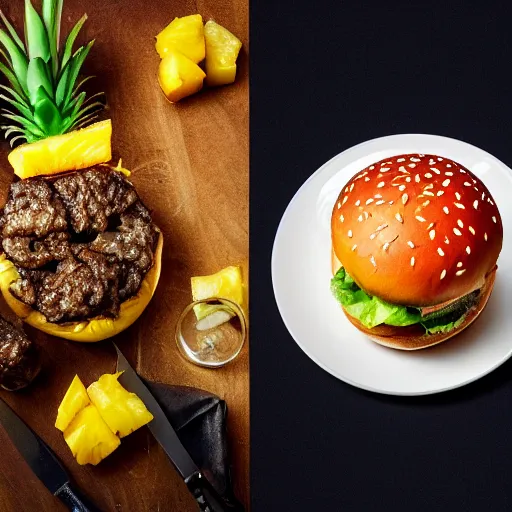 Image similar to a juicy hamburger with pineapple, 8 k resolution, food photography, studio lighting, sharp focus, hyper - detailed