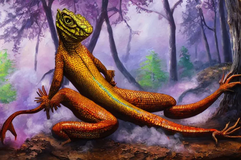 Image similar to highly detailed oil painting of a lizard man sitting in a steaming colorful hotspring with woodland forest backdrop, featured on artstation