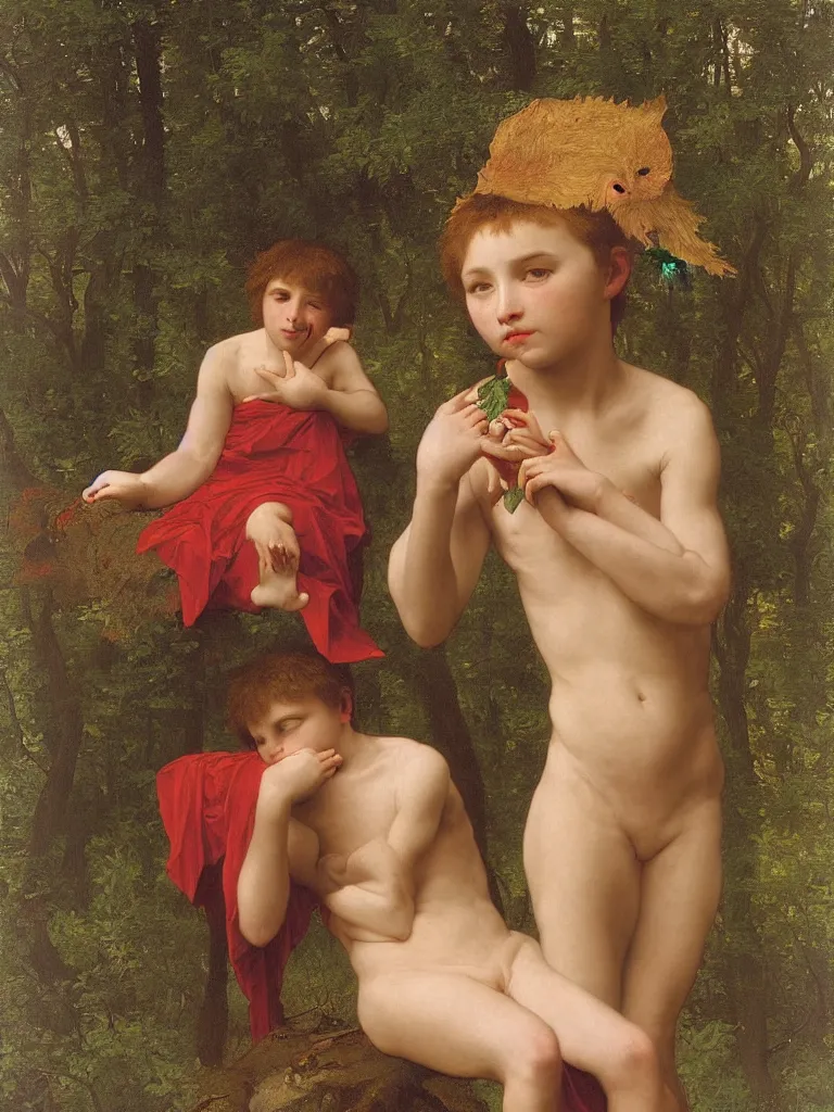 Prompt: perfect young male red demon wearing collar ruff is sitting in the forest crying, by bouguereau and by andrey remnev