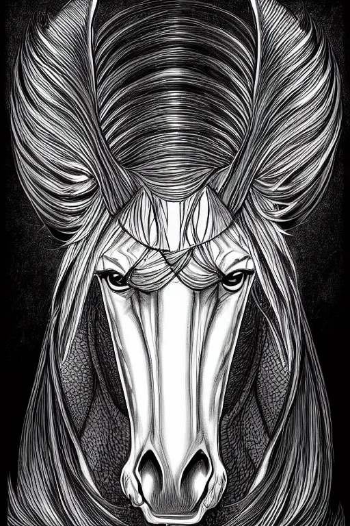 Image similar to evil horse with a horn, symmetrical, highly detailed, digital art, sharp focus, trending on art station, kentaro miura manga art style