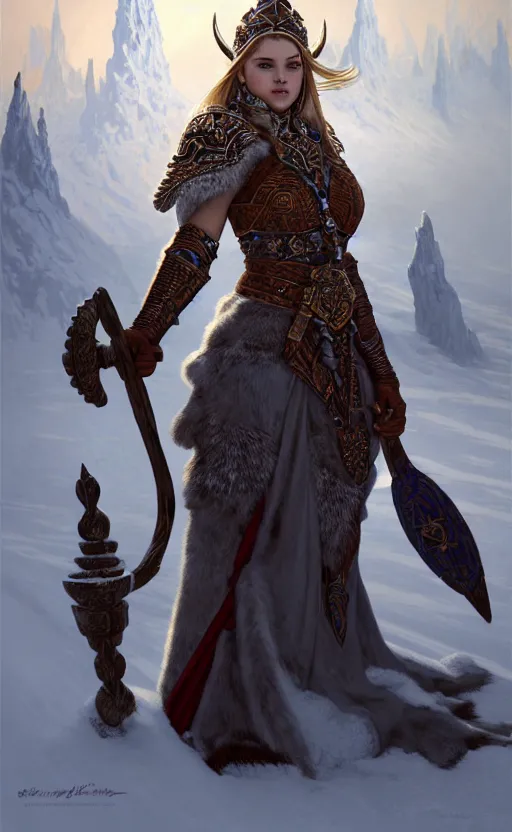 Image similar to azure viking warrior, regal, elegant, winter, snow, beautiful, stunning, hd, illustration, epic, d & d, fantasy, intricate, elegant, highly detailed, wide angle, digital painting, artstation, concept art, smooth, sharp focus, illustration, wallpaper, art by artgerm and greg rutkowski and alphonse mucha and jin xiaodi