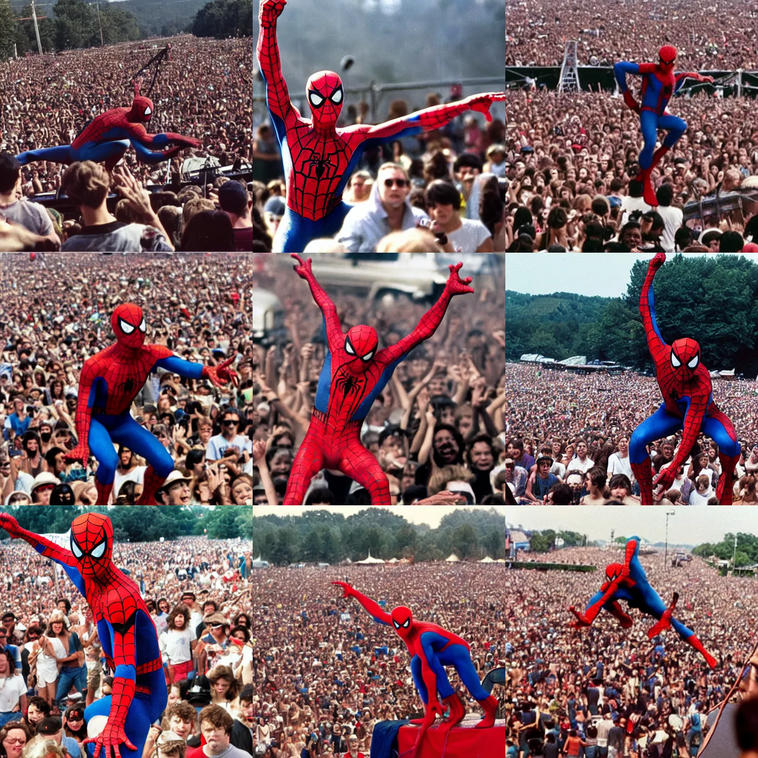 Prompt: spiderman perfoming at woodstock, crowd of people