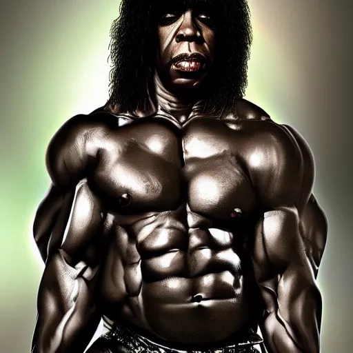 Image similar to Rick james with the physique of a body builder, hyper realistic, ultra detailed, cinematic, dynamic lighting, photorealistic, refined, intricate, digital art, digital painting, masterpiece, 8k