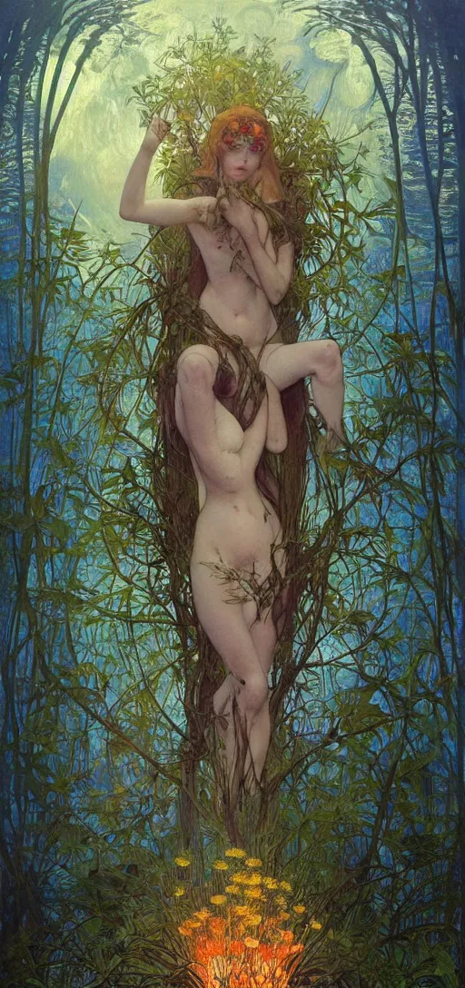 Image similar to painterly dreamy Kupala Night in the blue night forest with trees which have eyes, giant flowers, glowing owls, deers, beautiful women, lianas, thistles, giant fantasy creatures, a stream and sky with moon and stars by Alphonse Mucha, Beksinski, Alex Grey, Aron Wiesenfeld, tranding on artstation and Giger dark fantasy, witcher, very detailed oil painting in the alla prima style, volumetric lighting, masterpiece, 8k