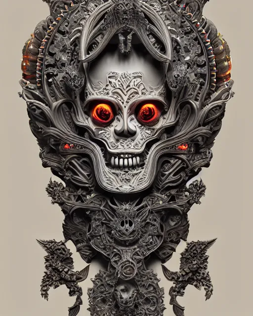 Image similar to 3 d ornate carved goddess with tattoos profile portrait, sigma 5 0 0 mm f / 5. beautiful intricate highly detailed quetzalcoatl skull. bioluminescent, plasma, lava, ice, water, wind, creature, thunderstorm! artwork by tooth wu and wlop and beeple and greg rutkowski, 8 k trending on artstation