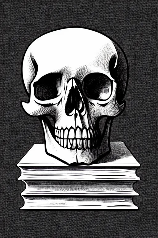 Image similar to one photo realistic skull on a stack of books, art by james o barr and albrecht durer, black ink sketch, black and white, vector, vector art
