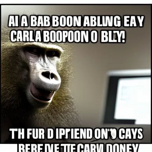 Prompt: a baboon angrily shouting at his computer screen because he got wrecked at call of duty in the office
