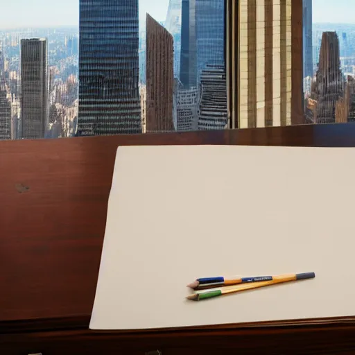 Prompt: a wooden working desk with pencils, blank sheets of papers on the side with a computer in the 56th floor of a skyscraper in a post-apocalyptic New-York