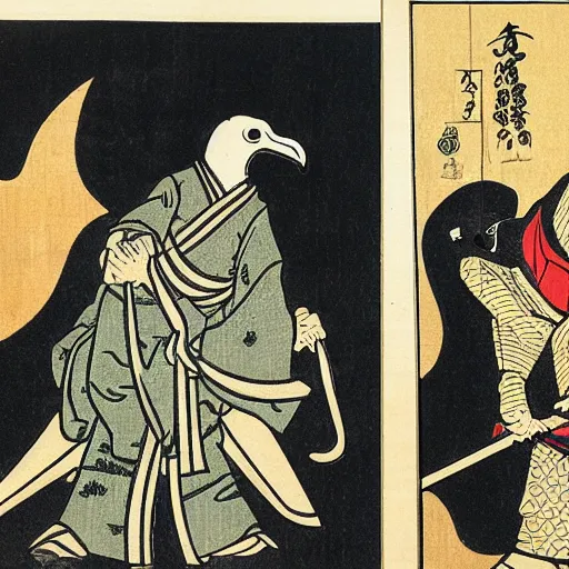 Prompt: ancient Japanese woodcut block print ukiyo-e plague doctor triptych