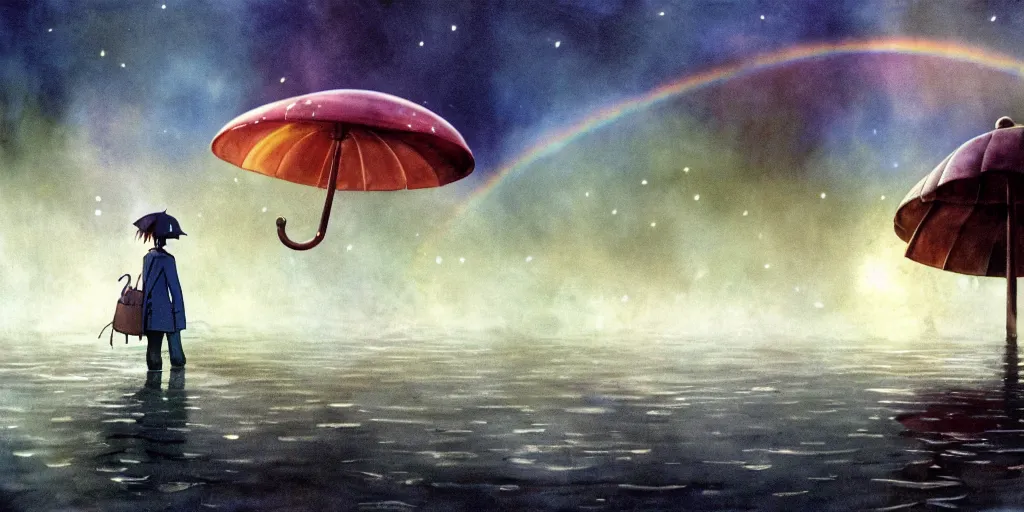 Image similar to a realistic and atmospheric cell - shaded concept art from howl's moving castle ( 2 0 0 4 ) of a rainbow colored ufo landing on the ground. a man with an umbrella is standing in a flooded parking lot. it is a misty starry night. very dull muted colors, hd, 4 k, hq