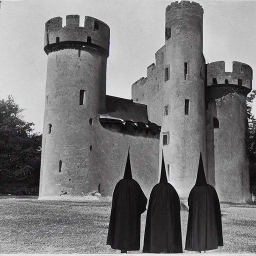 Prompt: - Early black and white photograph of robed figures with tall pointed hats inside a castle, creepy, 8mm