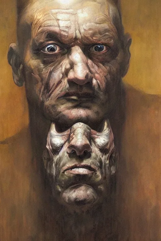 Prompt: beautiful clean oil painting biomechanical portrait of sad man face by rafael albuquerque, wayne barlowe, freud lucian, rembrandt, complex, stunning, realistic, skin color