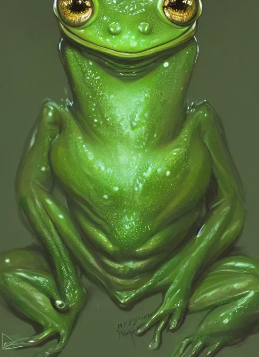 Prompt: portrait of my ethereal waifu cute innocent green slimy alien female froggy lady,, with adorable uwu eyes painted by greg rutkowski, wlop, 7 0 s scifi