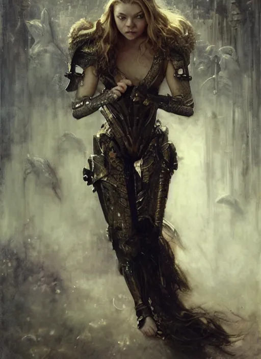 Image similar to young beutifull mischievous natalie dormer wearing black medieval armour, bare legs, detailed, by gaston bussiere, bayard wu, greg rutkowski, giger, maxim verehin, greg rutkowski, masterpiece, sharp focus, cinematic lightning