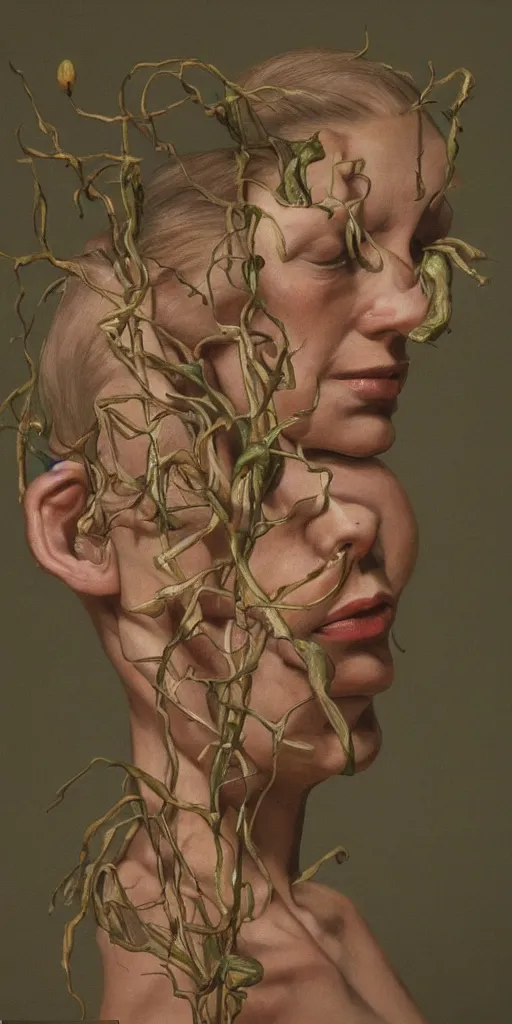 Image similar to the figure of a woman with many heads growing from the stem of a flowering plant, highly detailed, hyperrealism