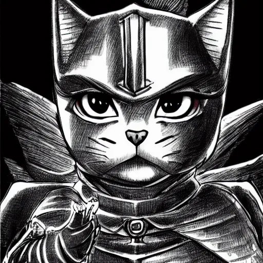 Image similar to Baby Kitten as a knight, highly detailed, black and white, manga, art by Kentaro Miura