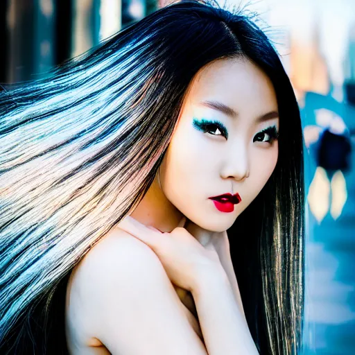 Prompt: a beautiful close up portrait photo of a very beautiful young Chinese female model wearing cybergothic clothing, bright coloured streaks of hair, cute smile, beautiful detailed eyes, golden hour in Manhattan, outdoors, professional award winning portrait photography, Zeiss 150mm f/2.8 Hasselblad