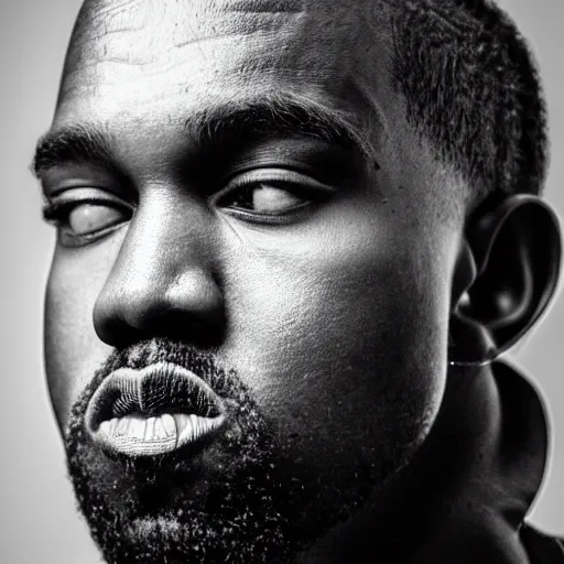Image similar to the face of young kanye west wearing yeezy clothing at 1 9 years old, black and white portrait by julia cameron, chiaroscuro lighting, shallow depth of field, 8 0 mm, f 1. 8