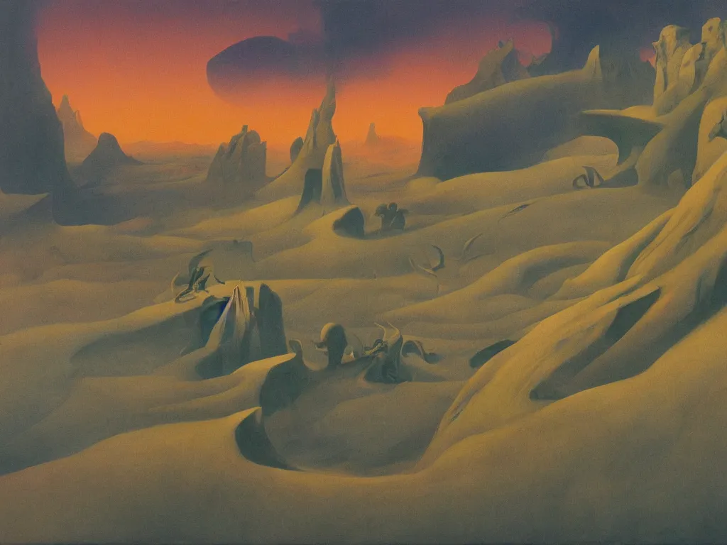 Prompt: Selenar masquerade wild dance. Harsh light, serenity, crater, dust. Painting by Roger Dean.