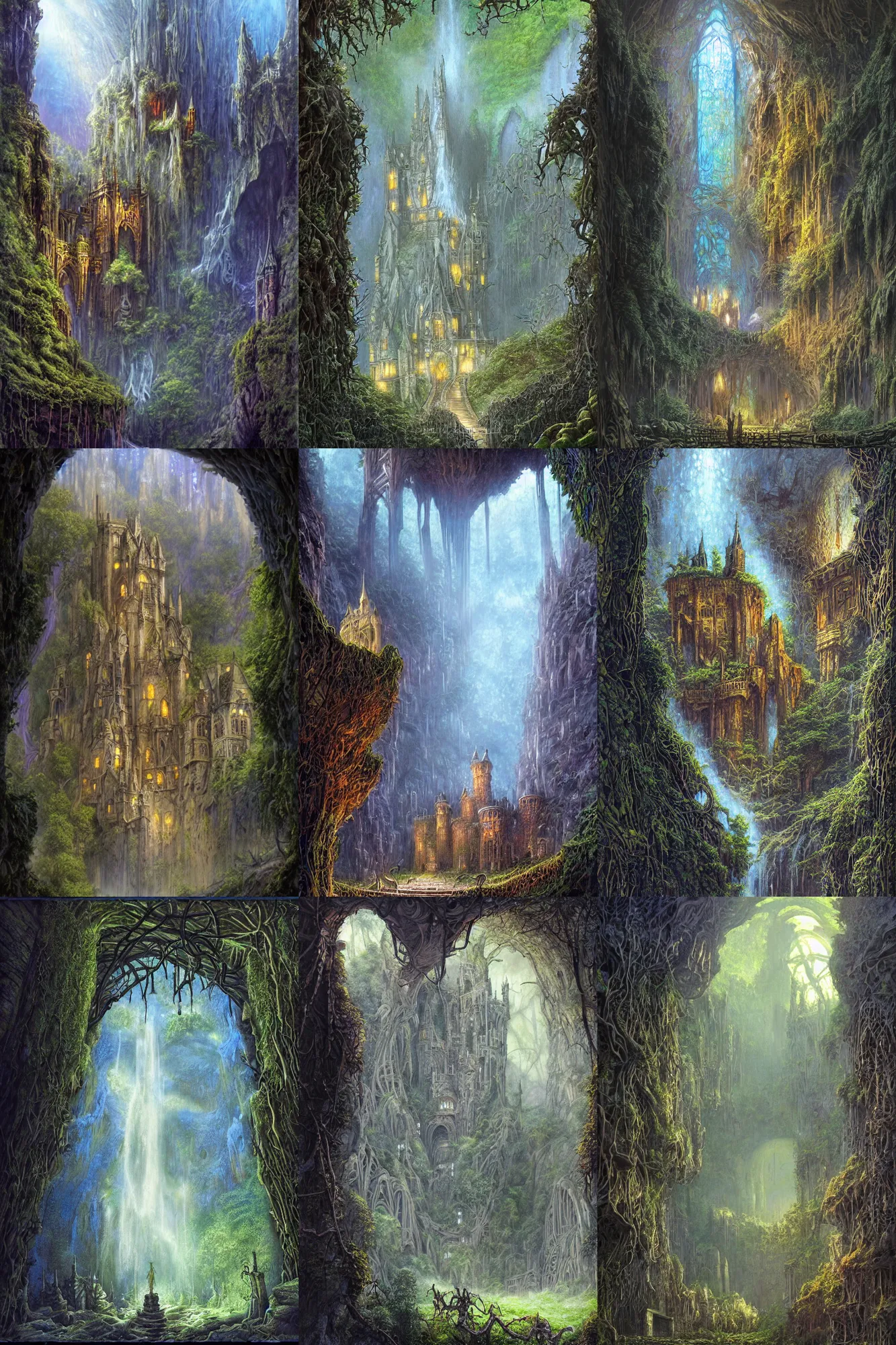 Prompt: castle, cyber-futurist gothic architecture, inside an enormous vast cave, huge trees, vines, waterfall, style of Ted Nasmith, style of Daniel Merriam, magical, sublime, realistic, dramatic, establishing shot, cinematic lighting, HDR, bold vivid colors