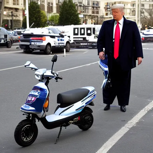 Image similar to donald trump riding a toy scooter away from police cars