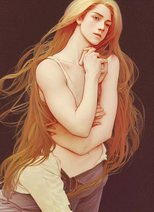 Image similar to pretty young man with shoulder length shiny shimmering golden blond hair, half body shot, path traced, highly detailed, high quality, digital painting, by studio ghibli and alphonse mucha, leesha hannigan, hidari, disney