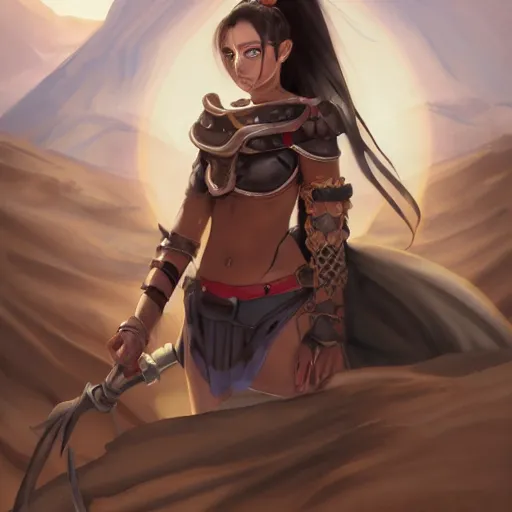 Image similar to portrait of a female berber mage, devil horns and black hair in a ponytail wearing a steel chestplate in a desert, half body, single subject, ambient lighting, highly detailed, digital painting, trending on pixiv fanbox, studio ghibli, extremely high quality artwork, art by ross tran and artgerm and makoto shinkai