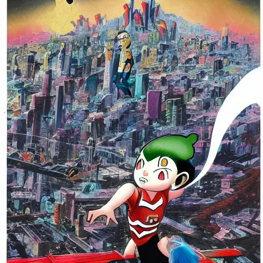 Prompt: award winning art of Astro Boy Demon nº625 Manga cover with an illustration of astroboy flying over a big messy matte painted city, bird eyes view of the city, full of japanese signs, Ashley wood oil painting, dynamic composition, printed on paper