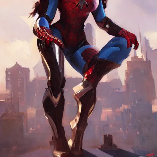 Image similar to greg manchess portrait painting of an armored dark female ironman spiderman as overwatch character, medium shot, asymmetrical, profile picture, organic painting, sunny day, matte painting, bold shapes, hard edges, street art, trending on artstation, by huang guangjian, gil elvgren, ruan jia, greg rutkowski, gaston bussiere