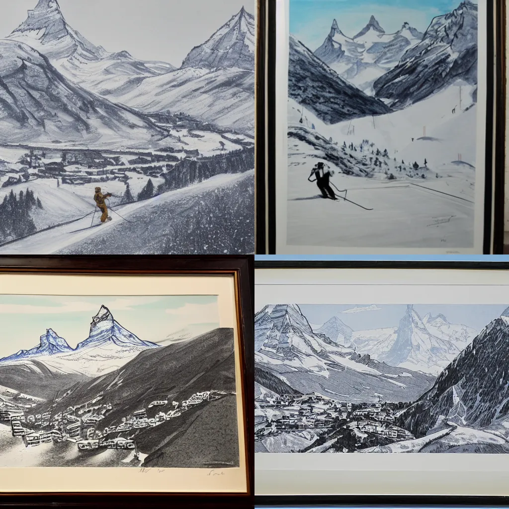 Prompt: Lithography painting, skiing in Zermatt below the Matterhorn