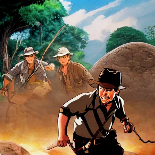 Prompt: Indiana Jones being chased by a boulder trap, boulder chase, underground sandstone temple background, giant round stone chasing Indiana Jones, raiders of the lost ark, anime key visual