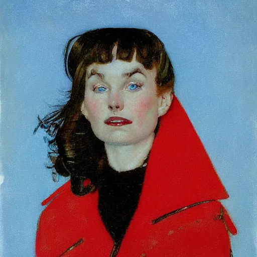 Prompt: frontal portrait of a woman with ice Blue eyes, long straight black bangs and a red coat, by Norman Rockwell and Gerald Brom