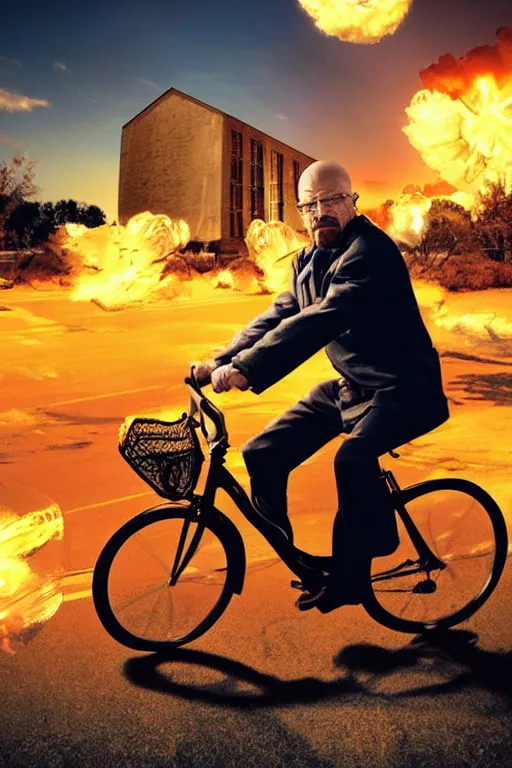 Image similar to photo of walter white riding a bike with an exploding building behind him, color, cinematic lighting