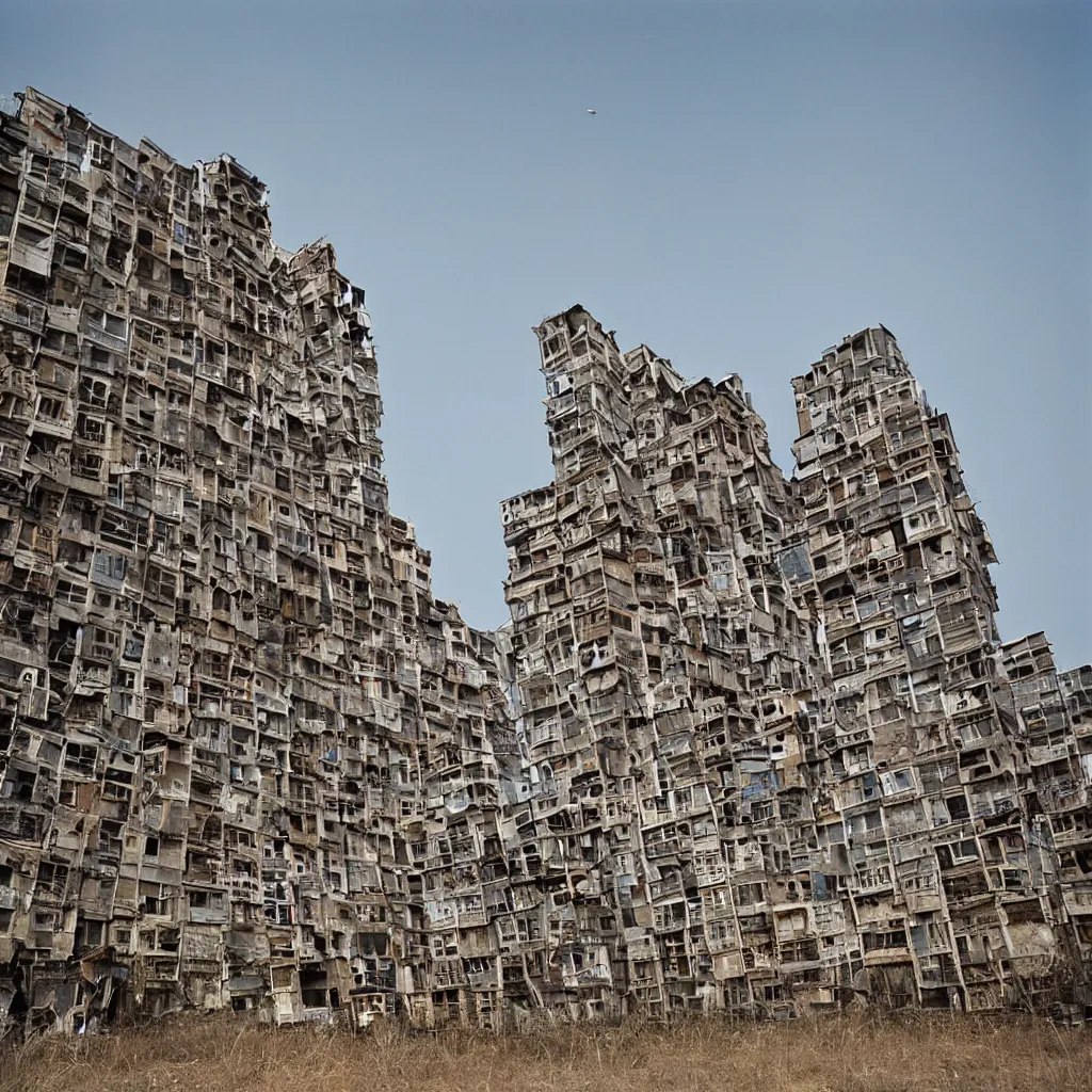 Image similar to suspended high towers densely packed with makeshift squatter shacks with faded colours, plain uniform sky at the back, misty, mamiya, ultra sharp, very detailed, photographed by julie blackmon