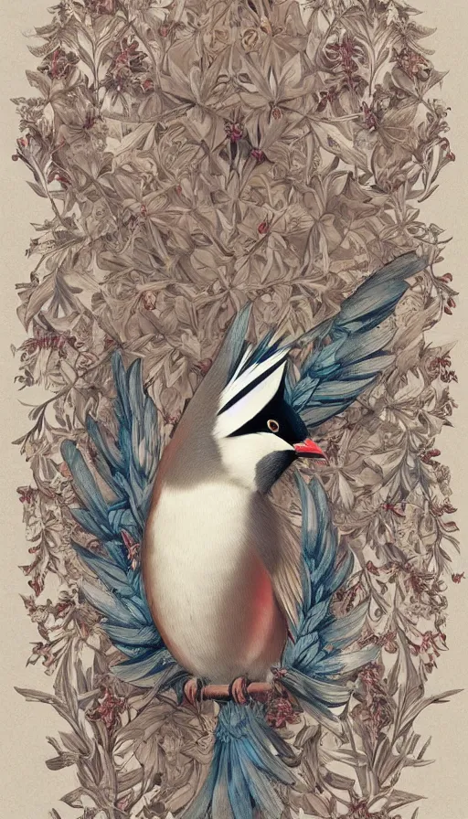 Image similar to ethereal bohemian waxwing bird, bombycilla garrulus + intricate details, ornate, detailed illustration, octane render + johanna rupprecht style, william morris style + trending on artstation.