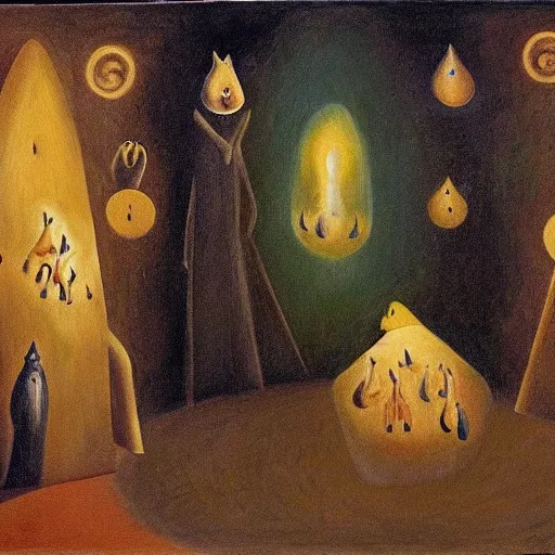 Image similar to By Leonora Carrington, a large cat using a divination circle to summon a large tuna fish, shadowy environment lit by very large candles, artistic, oil painting.