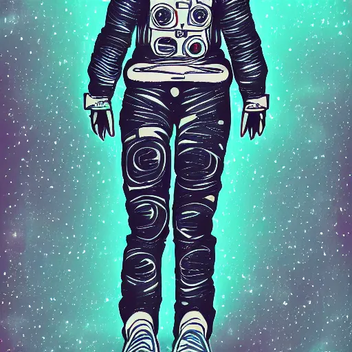 Prompt: A lonely girl lost in space wearing a space suit, sad emotional digital art