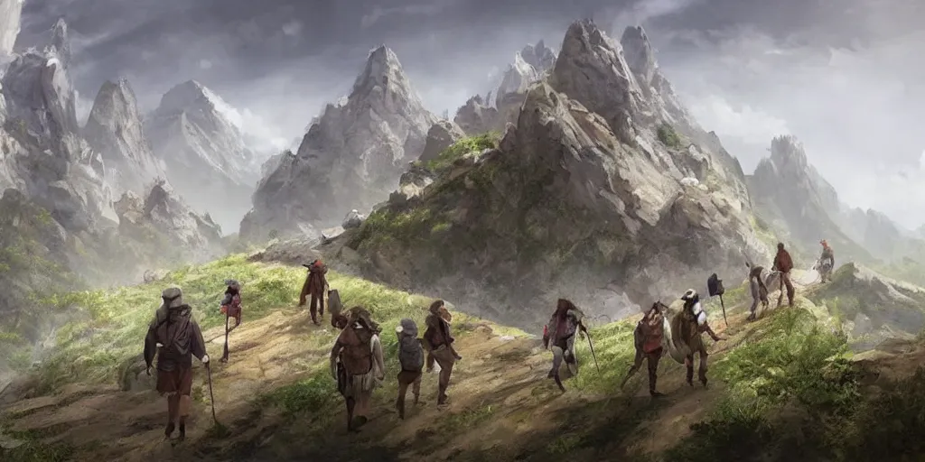 Prompt: A group of travelers making their way up a mountain trail. Wide, concept art, fantasy.