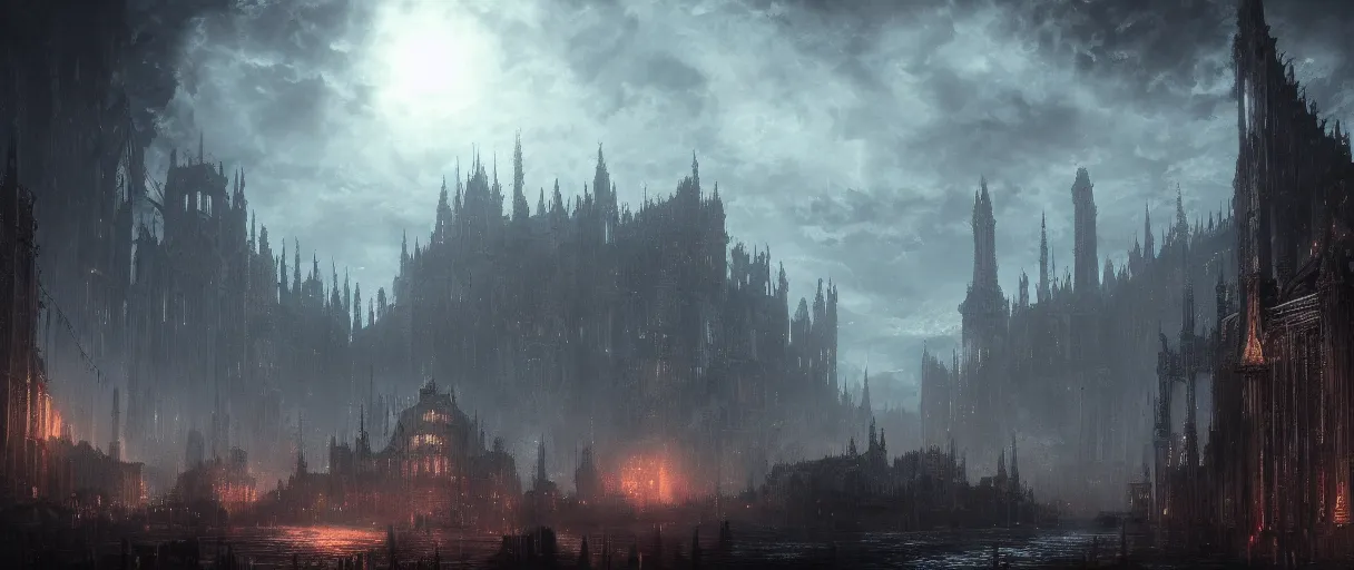 Image similar to large mega city on top of huge floating islands, above sea, concept art, digital painting, in the style of Bloodborne, dark souls, demon souls, dark, night time, volumetric lighting, large scale, high detail, trending on artstation