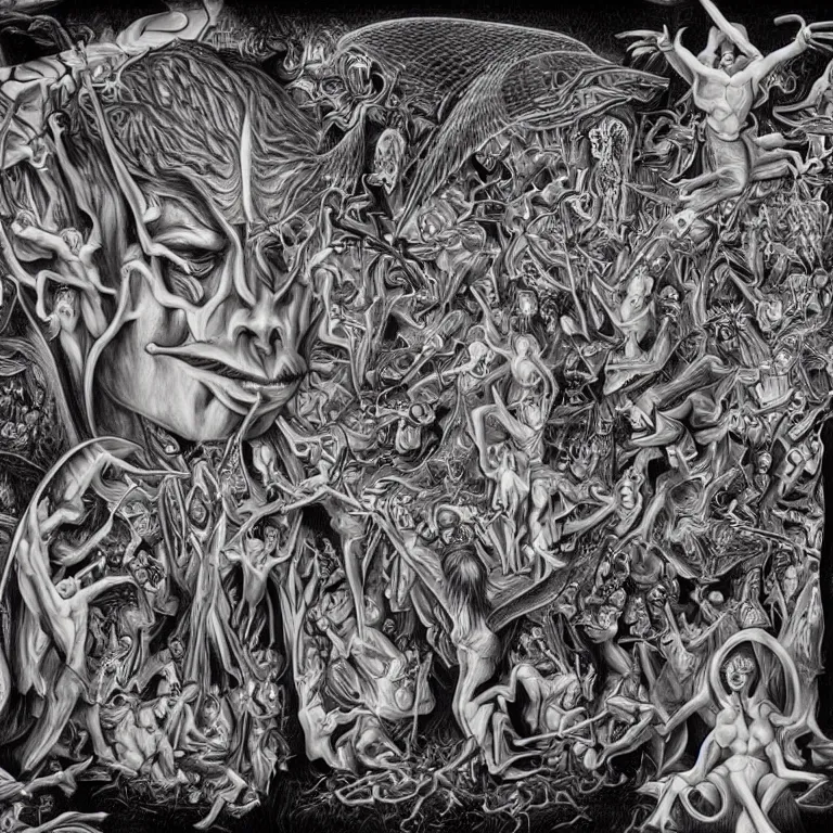 Image similar to transformation through death by Alex Grey and M. C. Escher collaboration